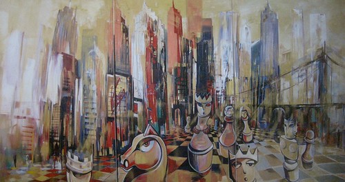 Skyline with round outlined figures in front