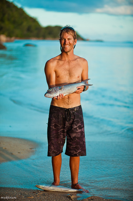 Fred with a big fish -) praslin, seychelles