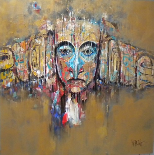 Blue mask face surrounded by ochre and textured brushwork