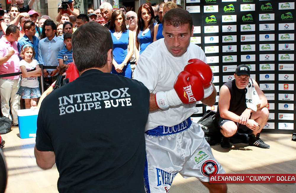 IBF Super Middleweight champion Lucian Bute, during a public training session in Bucharest [A]