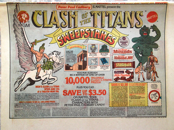 1981 Peter Paul Cadbury Mattel Clash of the Titans Sweepstakes Newspaper Ad Mounds Almond Joy Starbar
