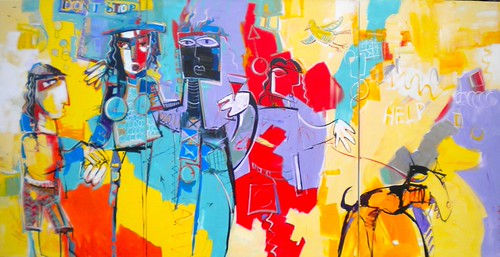 Wide group of figures on blue, red and yellow