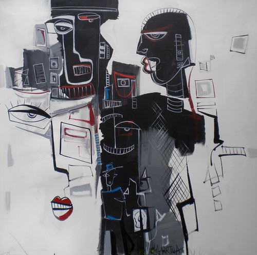 Black and white figures and sketchy geometric outlines