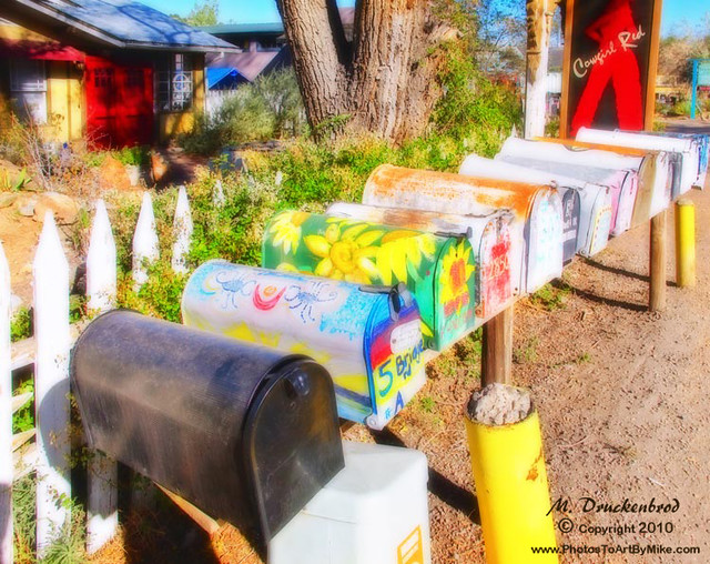 Colorful mailboxes on the Turquoise Trail, NM
