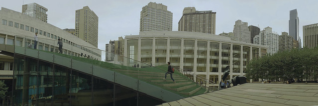 Panoramic and Artistic Design Of Railing And Grassy Area For People To Relax In At Lincoln Center