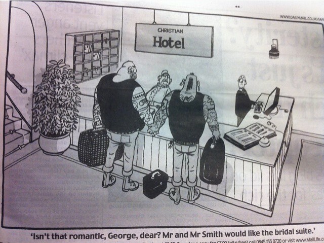 Daily mail cartoon about Christian B&B owners puts a swastika tattoo on a gay couple. #fb