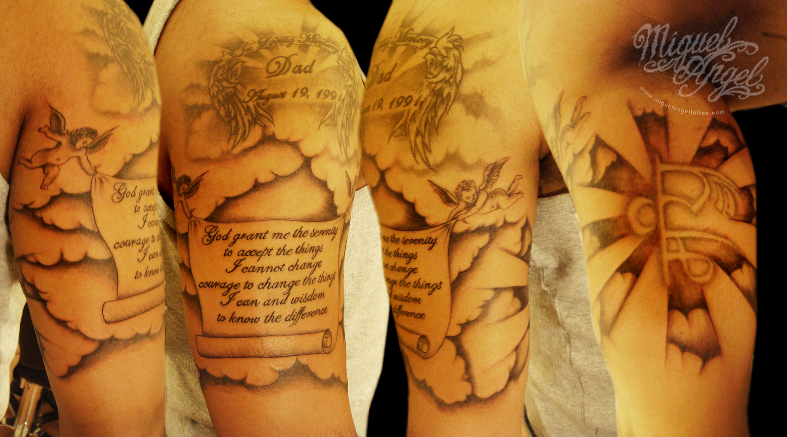 Religious design tattoo, with clouds and cherubs.
