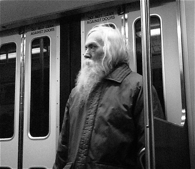 boston green line man with beard black white