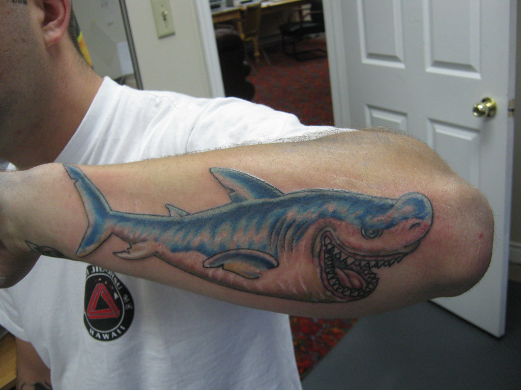 Great white shark on inner bicep  Ideias de tatuagens Tatuagens Tatuagem