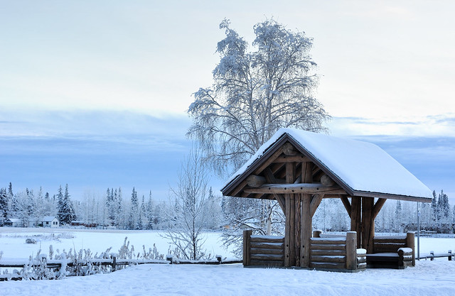 Log Pavilion in Alaska during the Winter