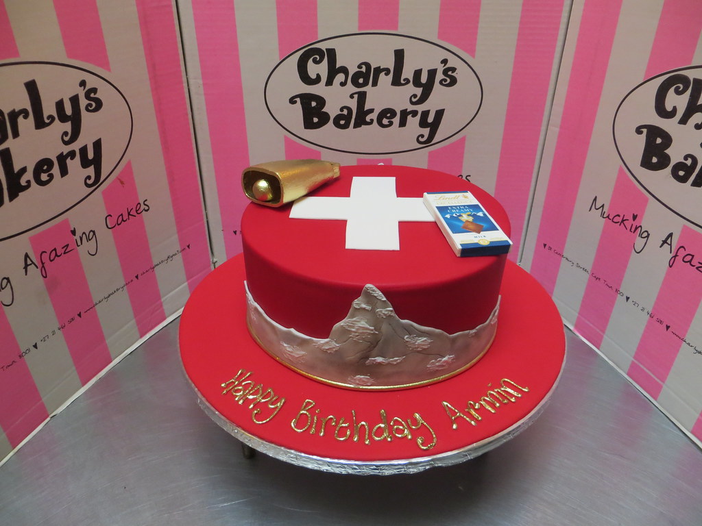 Swiss Alps themed birthday cake with 3D Cow Bell and fonda… | Flickr