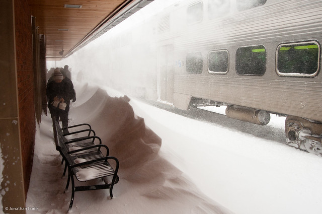 Commuters with snow drifts