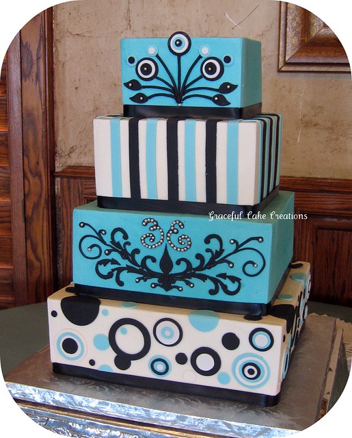 Aqua Blue, Black and White Retro Wedding Cake