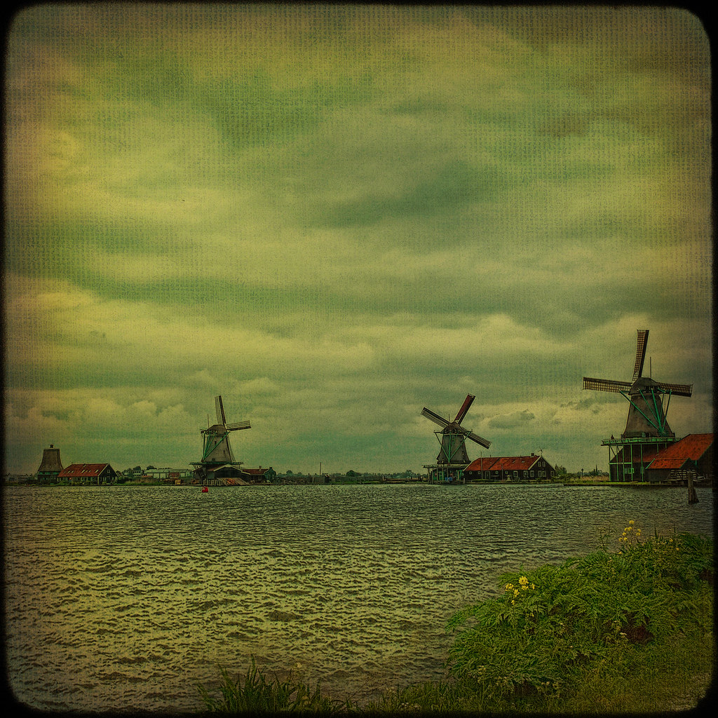 Zaanse Schans... Sky view with windmills from Zaan river. by egold.