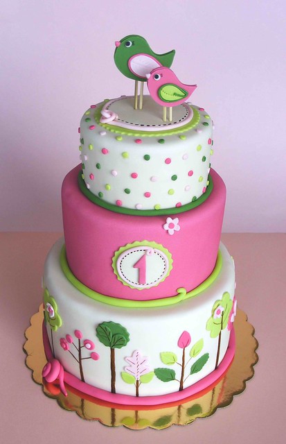 Pink and green birdie cake