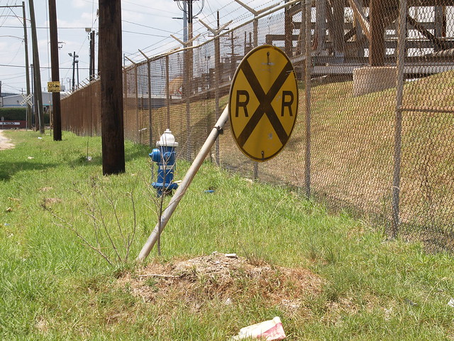 Houston Texas   A bent or broken rail road sign  2011