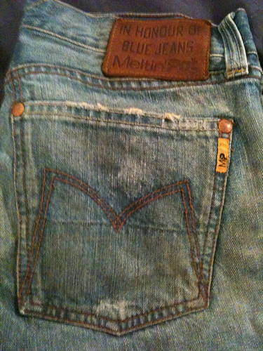 Melting Pot Blue Jeans $10 | Close up on pocket. Waist size … | Flickr