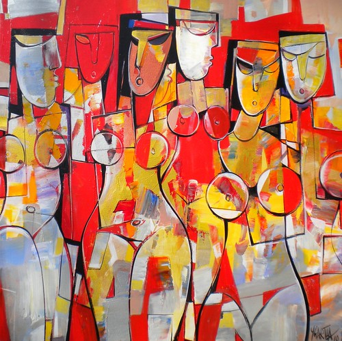 Row of red and yellow angular figures