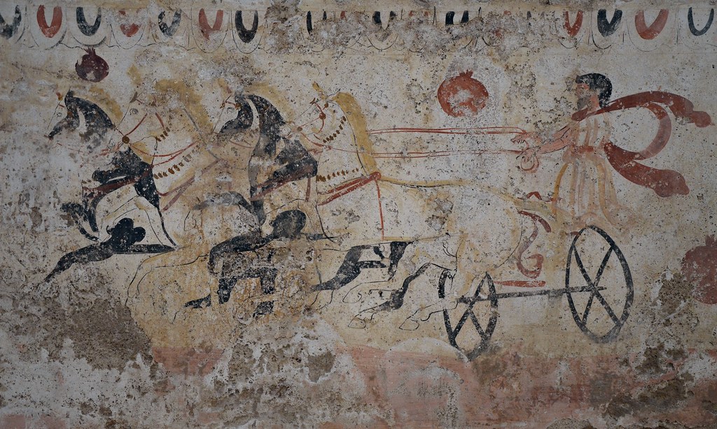 Lucanian fresco tomb painting of a chariot race, from the Necropolis of Gaudo, 340-330 BC, Paestum Archaeological Museum