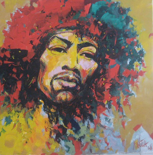 Curly-haired musician portrait in red and green