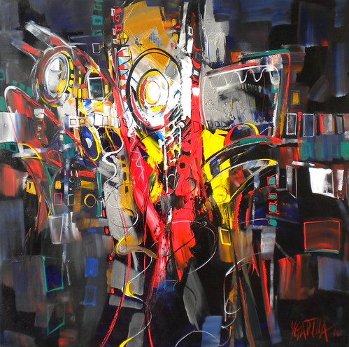 Layered face-like forms in yellow, red and black