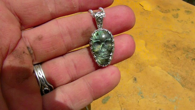 Morrigan Favor Ghost story Resurrection Mary set  labradorite skull set in a Sterling silver  .
