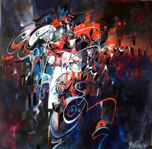 White mask forms and red strokes on a dark background