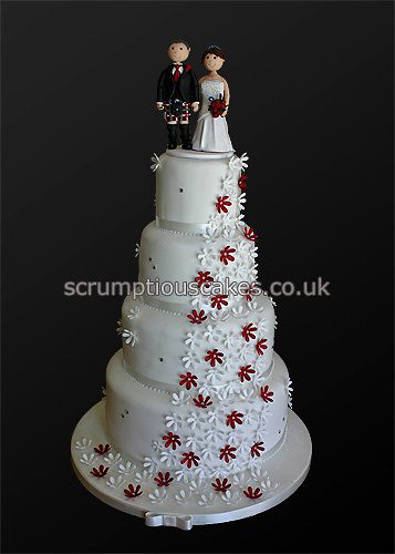 Wedding Cake (751) - Burgundy Daisy Cascade & Personalised Topper