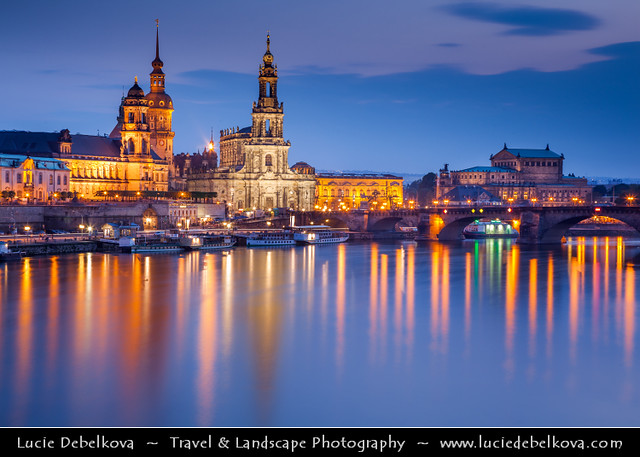 Germany - Dresden - Baroque-style Architecture Reflected in Waters of River Elbe at Dusk