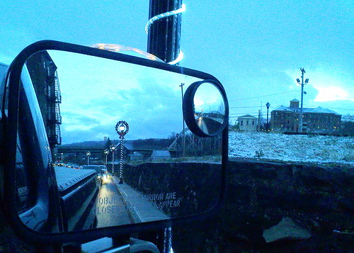 blue winter sunset holiday snow reflection monochrome truck mirror newjersey twilight mainstreet downtown gloomy traffic nj overcast commute commuting sideview warrencounty phillipsburgnj old22 nj122 morristurnpike