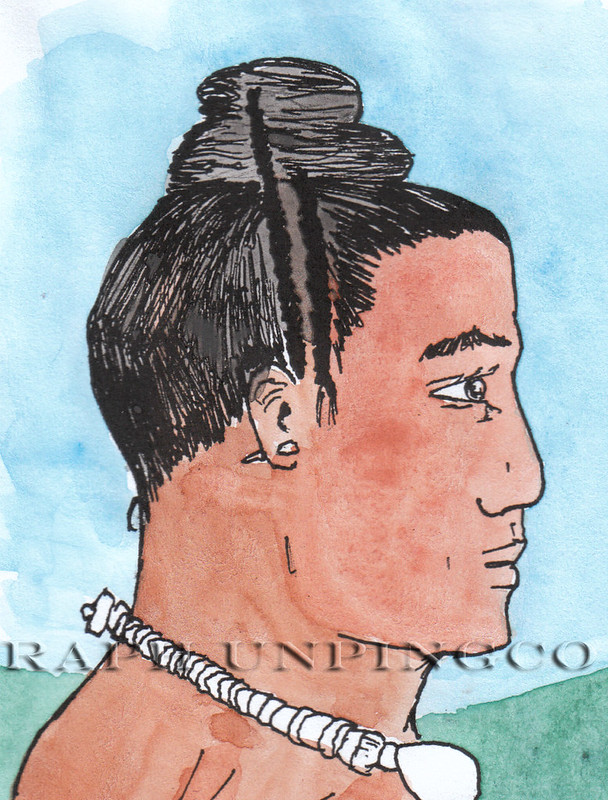 Thomas Cavendish, English privateer visited in 1588, described some Chamorros wear their hair in knot or two on the crown.

Raph Unpingco/Guampedia