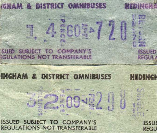 Hedingham & District Omnibuses,  Setright Bus tickets. ex Westcliff-on-Sea MS  machines.  1970, 1971