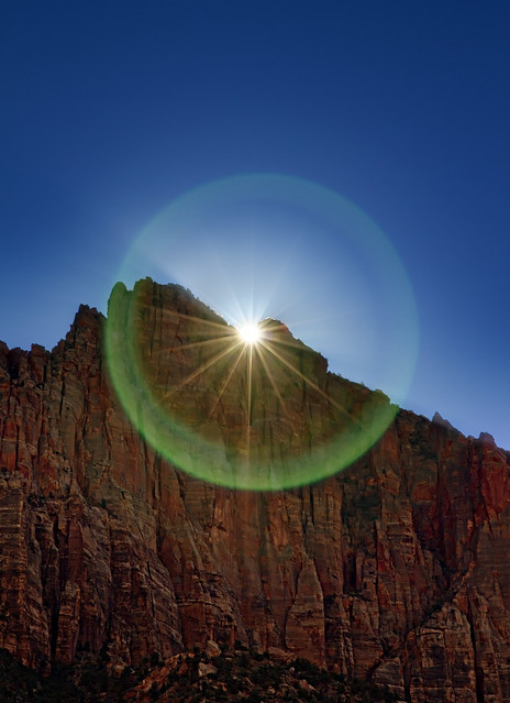 Sunrise over The Watchman - with lens flare