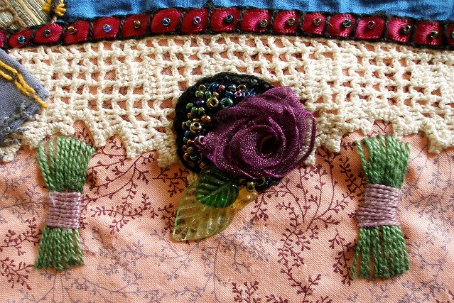Crazy Quilt Detail with beaded millinery flower
