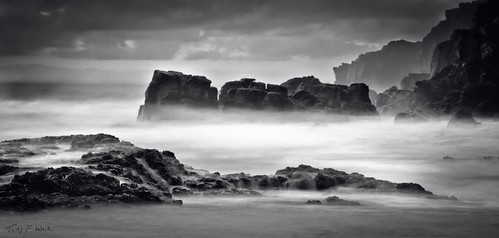 ocean sea blackandwhite bw mist water monochrome fog sunrise landscape rocks surf australia cliffs nsw 28300mm ballina bouldersbeach canoneos50d