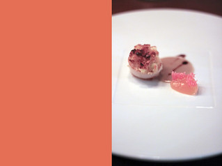 roasted hand-dived scallop, pork pie sauce, pink grapefruit and wood sorrel | by Magalie L'Abbé