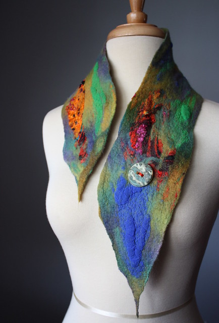 felted scarf / neckwarmer textured handmade ceramic button