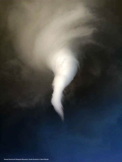 Funnel cloud over Mangere Mountain, South Auckland.