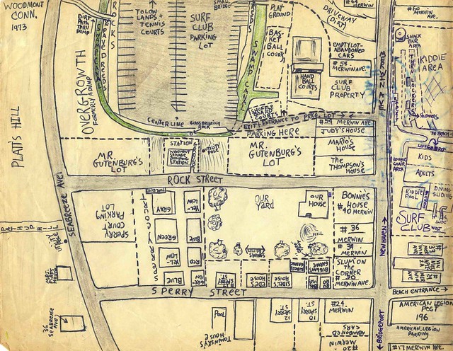 People have asked me to geo-tag my old photos. Can't do that, but here's a map of the neigborhood drawn by me in August 1973 showing what's where. Everything you need to know. (looks good in 