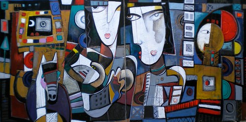 Wide composition of angular faces and figures