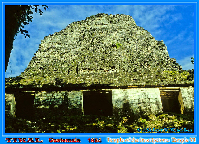 TIKAL TEMPLE 6 (TEMPLO DE LAS INSCRIPCIONES) southeast of the GRAN PLAZA, Tikal Mayan Ruins, Guatemala. 1984 Tikal Photo by Peter Wendelken