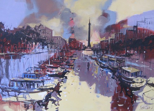 Boats and waterfront city buildings at violet dusk