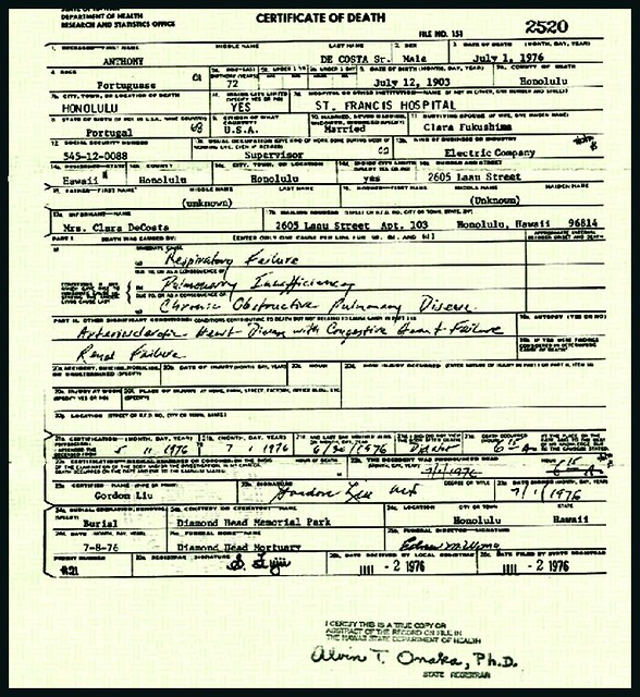 DeCOSTA, Anthony:  Death Certificate