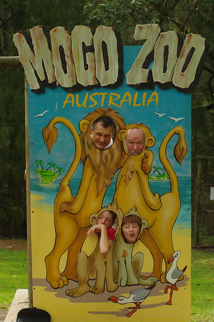 Michael, Philip, Adrian and Siobhan clowning around with the Mogo Zoo sign