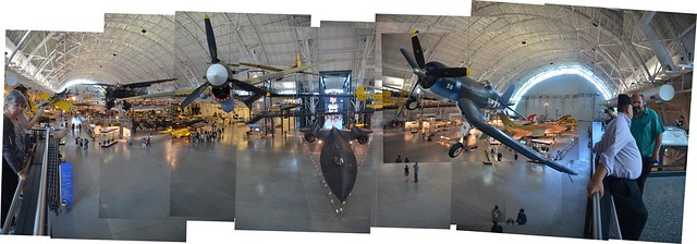 Steven F. Udvar-Hazy Center: Photomontage of main entrance view, including P-40 Warhawk & F-4 Corsair up front, SR-71 Background below in the near distance, and the Space Shuttle Enterprise beyond