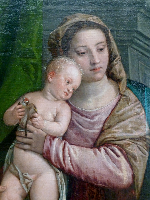 Paolo Veronese - Maria mit dem Kinde & einem Stifter, detail Stieglitz (goldfinch)