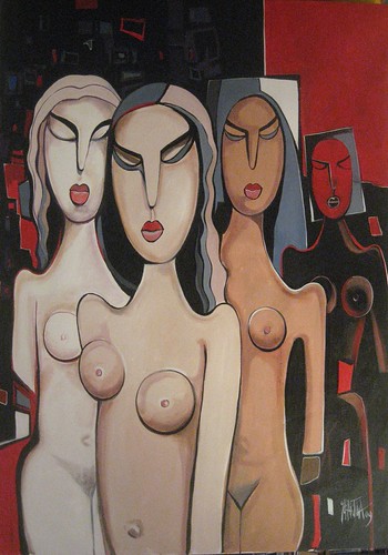 Three pale standing figures on red and black