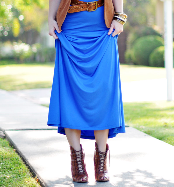 lace up peep toe cognac boots with long blue maxi dress | Flickr