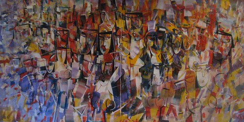 Dense angular marks in blue, ochre and red