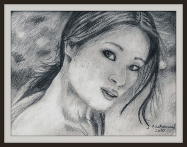 Lucy Liu - Pencil Drawing by STEVEN CHATEAUNEUF - Photo Of Drawing Also by STEVEN CHATEAUNEUF